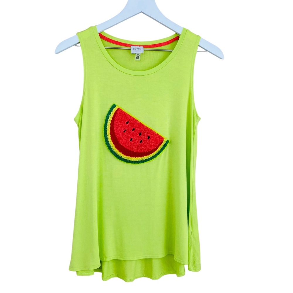 Cupio Lime Green Watermelon Looped Crochet Style Appliqué Flowy Swing Tank Small